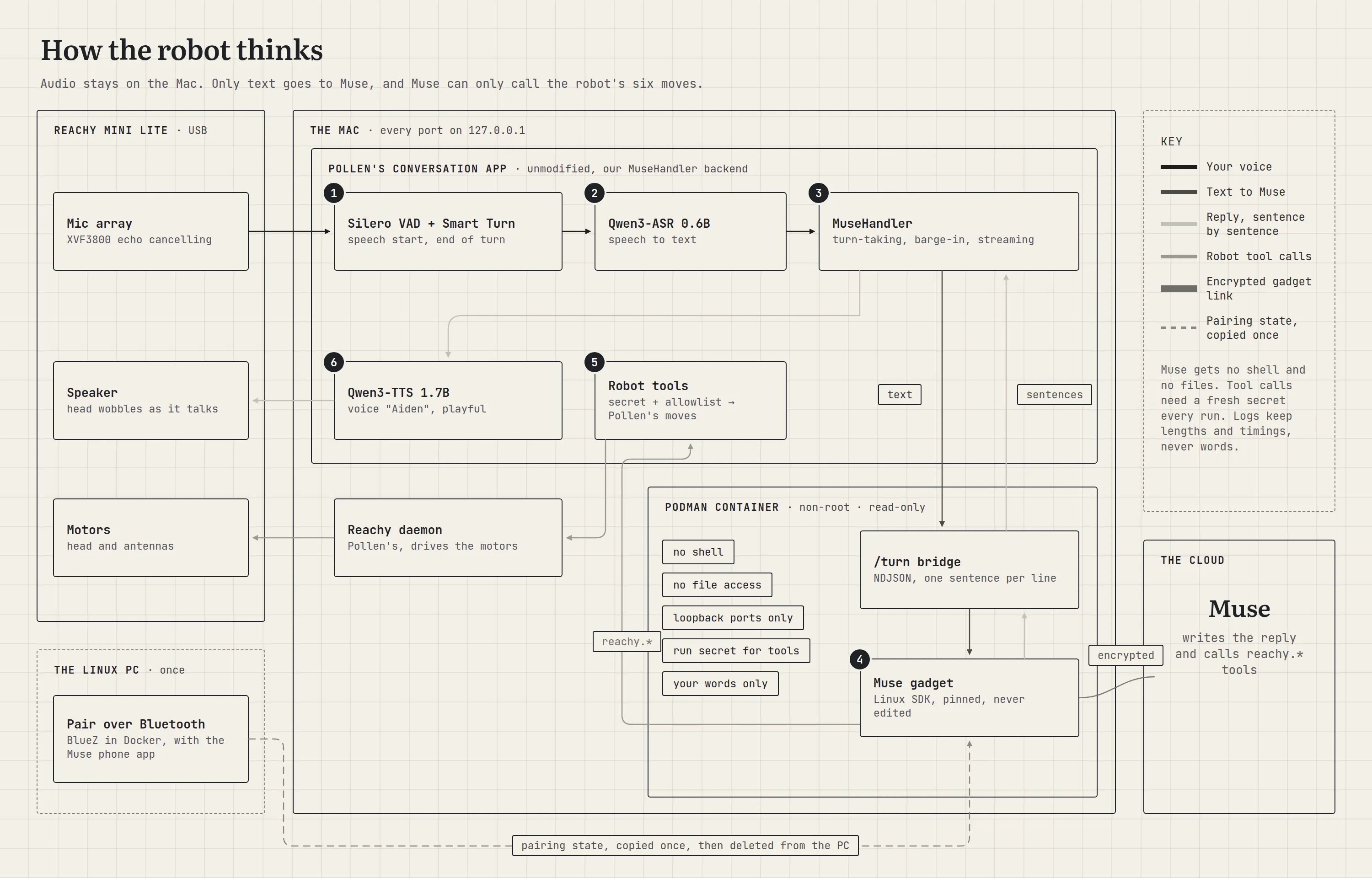 How the robot thinks: the robot’s mic feeds Silero VAD and Smart Turn, then Qwen3-ASR, then MuseHandler on the Mac. Text goes to the bridge and Muse gadget in a Podman container, which talk to Muse over an encrypted link. Muse’s reply streams back sentence by sentence to Qwen3-TTS and the speaker. Muse’s reachy tool calls go to the robot-tools endpoint, then Pollen’s moves, the daemon and the motors. The Linux PC pairs once over Bluetooth and copies the state to the container.